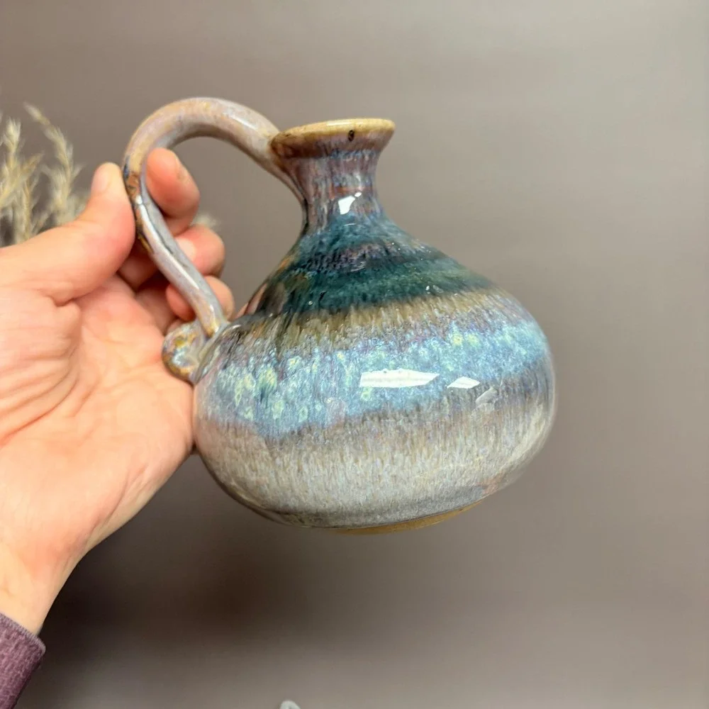 Signed Studio Pottery Pitcher |‎ Small Handmade Ceramic Vase | Blue Drip Glaze